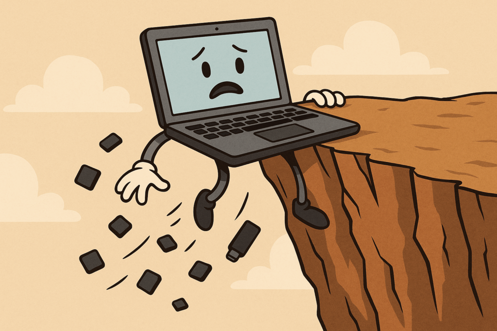 Cartoon Chromebook clinging to the edge of a cliff with keys and parts falling off, symbolizing the device refresh cliff in K-12 schools.