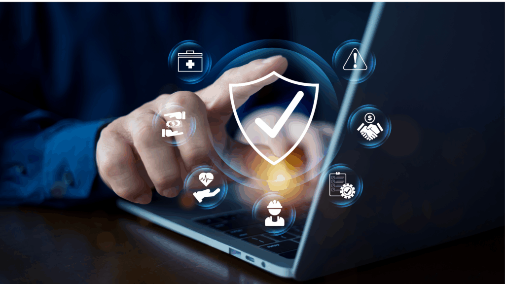 Person using a laptop with a digital shield icon representing protection and risk prevention, symbolizing the difference between underwritten and non-underwritten warranties.