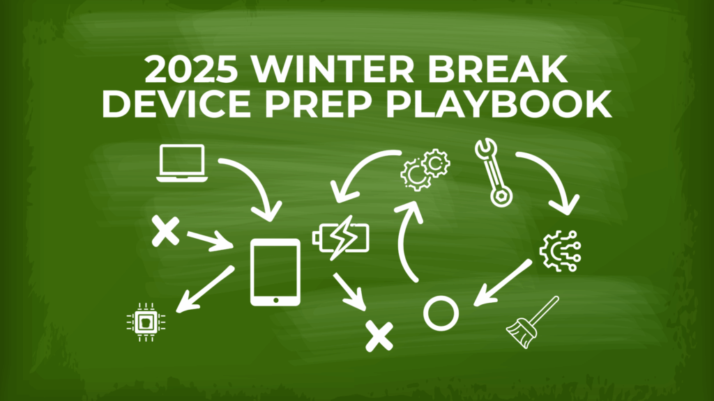A green chalkboard-style graphic illustrating a football playbook with technology icons including a laptop, tablet, battery, gears, wrench, circuit symbol, processor chip, and broom. White arrows connect each icon like play routes, surrounding the bold header text “2025 Winter Break Device Prep Playbook.”