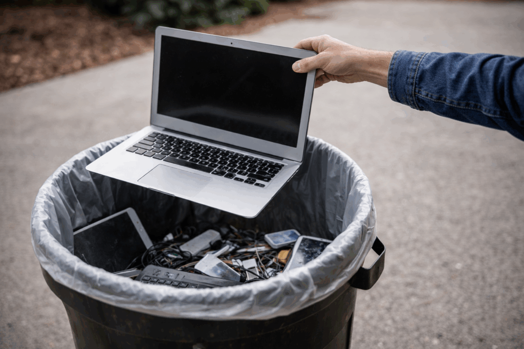 Person throwing a used laptop into a trash can filled with electronic waste, illustrating the cost of improper device end-of-life management