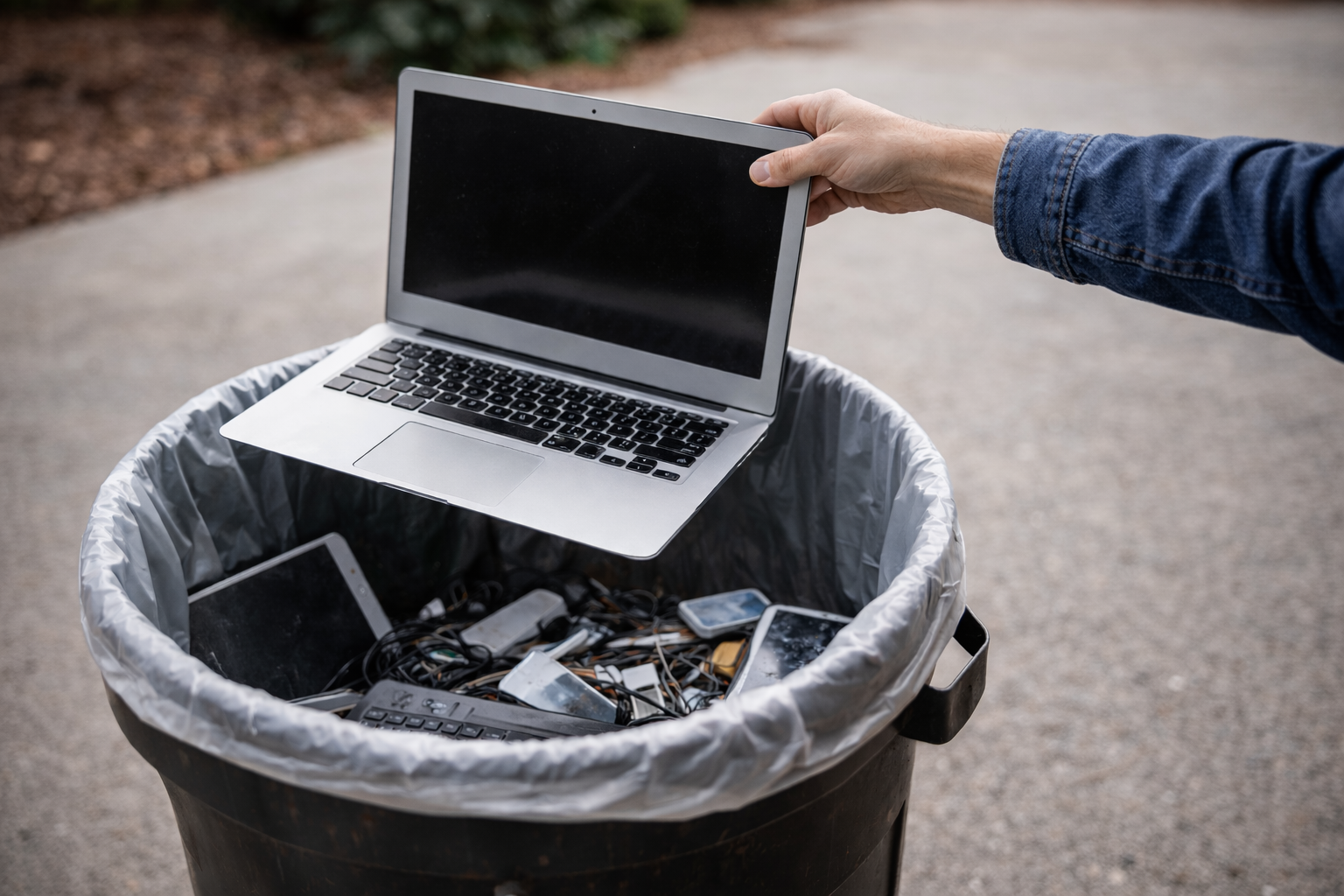 Person throwing a used laptop into a trash can filled with electronic waste, illustrating the cost of improper device end-of-life management